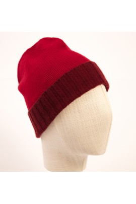 Cappello in puro cashmere rosso con risvolta bordeaux